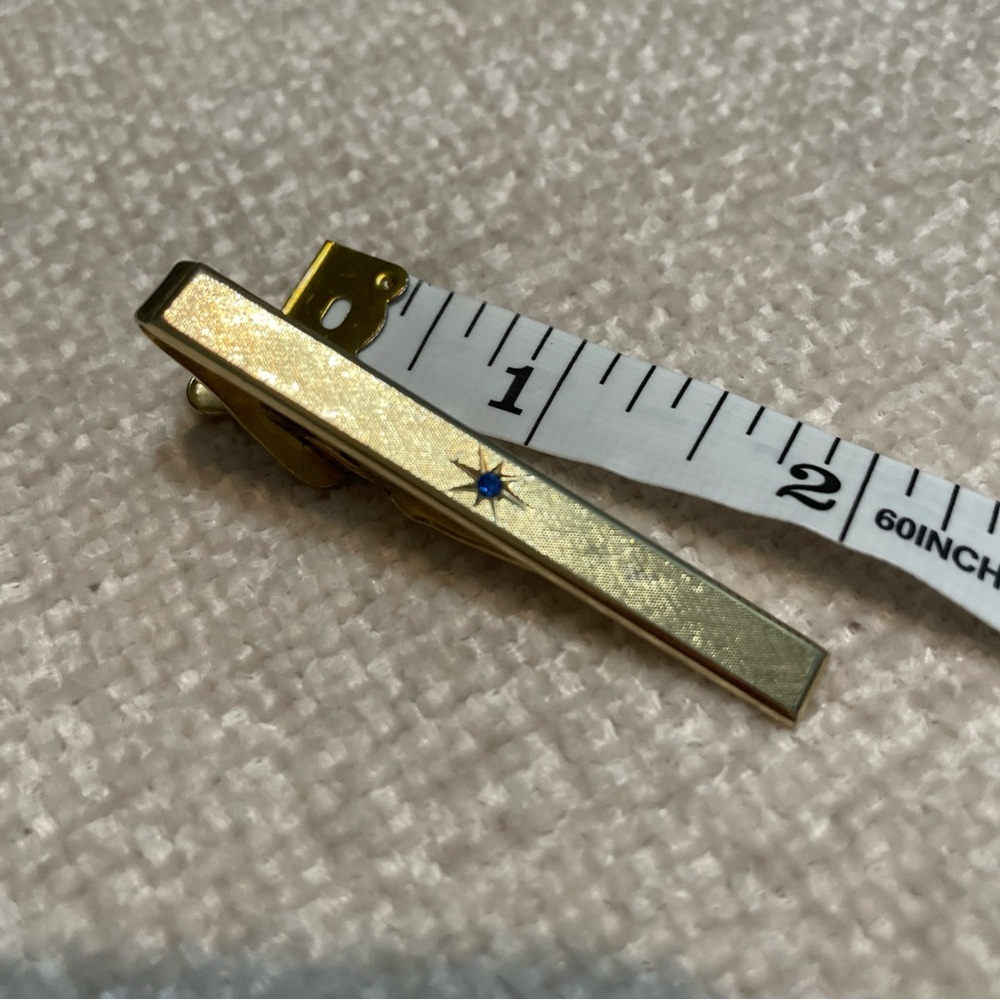 Vintage AVON Tie Bar Clip 2-1/4" Blue Rhinestone Thin Design Gold Tone